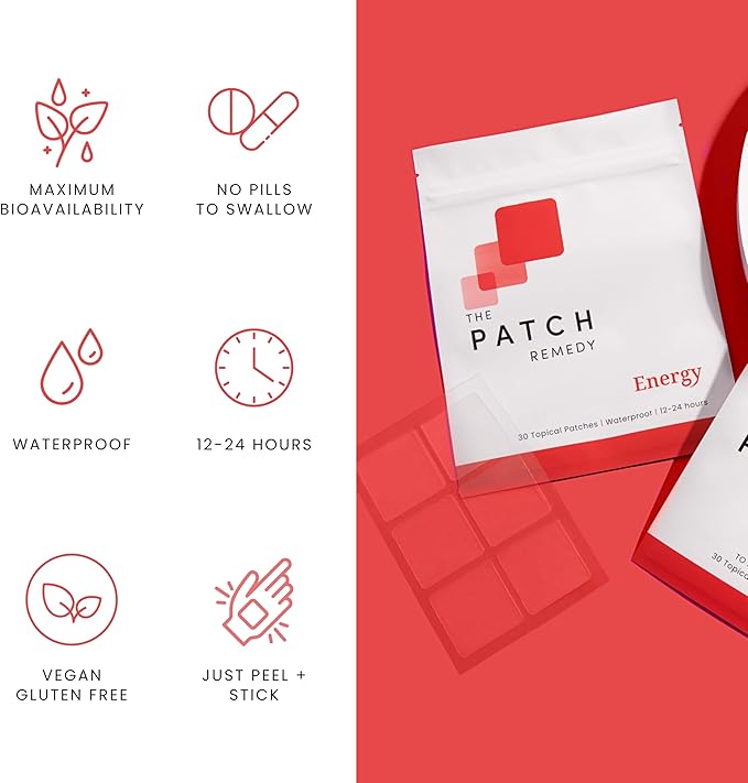 The Patch Remedy Energy Patches - 30 Topical Patches with Caffeine from Guarana Extract, Taurine, Glucuronolactone, Green Tea, Vitamin B3, B5, B6, Transdermal Caffeine Patches Energy