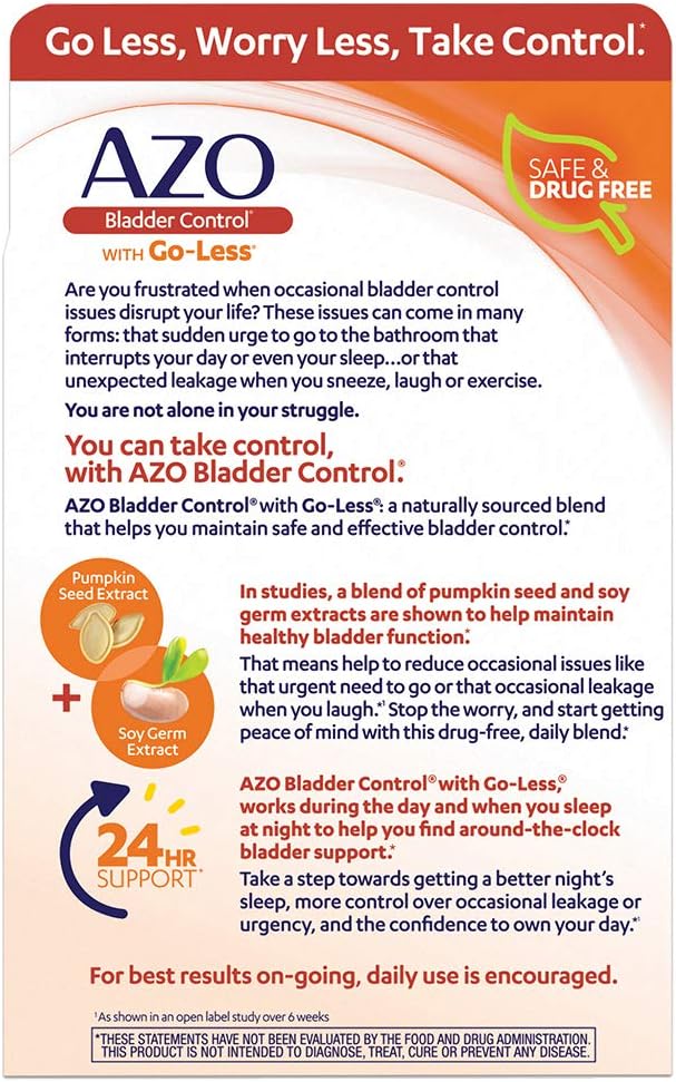 AZO Bladder Control with Go-Less Daily Supplement | Helps Reduce Occasional Urgency& leakage due to laughing, sneezing and exercise | 54 Count Capsules
