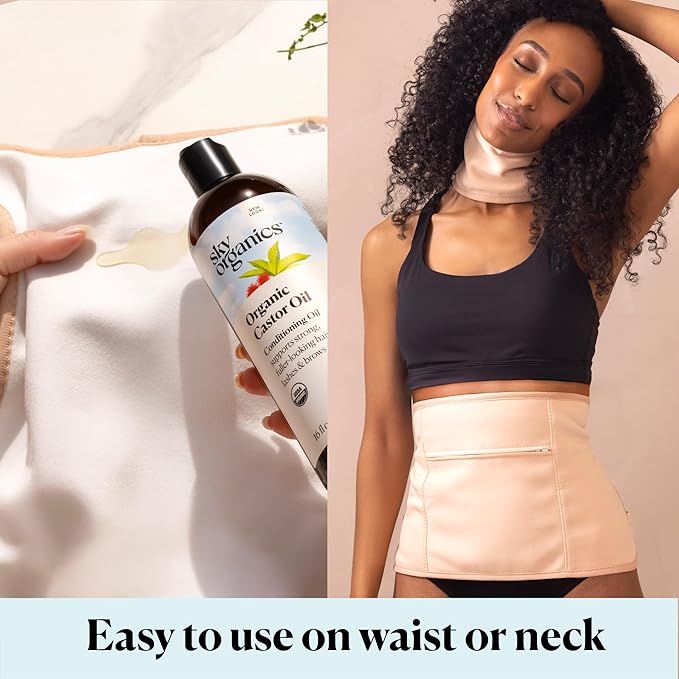 Sky Organics 16oz Castor Oil w/Wraps | Reusable Organic Castor Oil Pack to Boost Body's Wellness, Encourage Rest & Relaxation | Adjustable Elastic Straps Cotton Durable Easy to Use