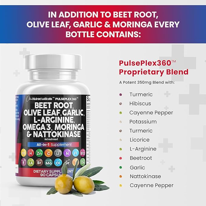 Beet Root Capsules 6000mg Olive Leaf 6000mg Nattokinase 4000 FU 2000mg L-Arginine 400mg Omega 3 Red 90 Ct
