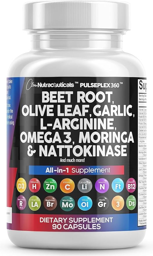 Beet Root Capsules 6000mg Olive Leaf 6000mg Nattokinase 4000 FU 2000mg L-Arginine 400mg Omega 3 Red 90 Ct