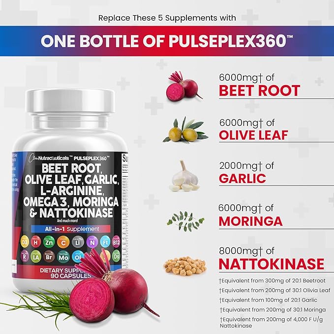 Beet Root Capsules 6000mg Olive Leaf 6000mg Nattokinase 4000 FU 2000mg L-Arginine 400mg Omega 3 Red 90 Ct
