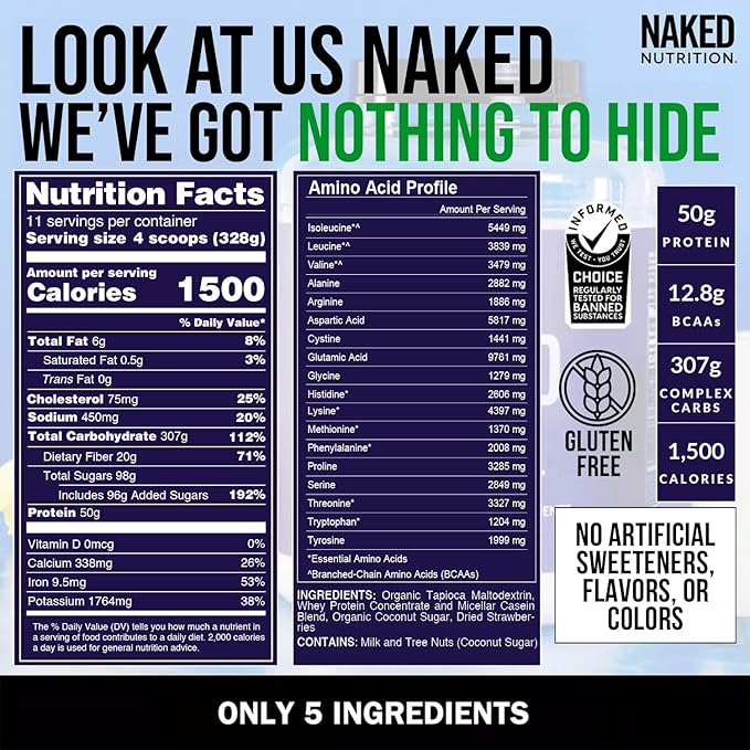NAKED Strawberry Mass 1,500 Calories, 50G Protein, 8lb Bulk,