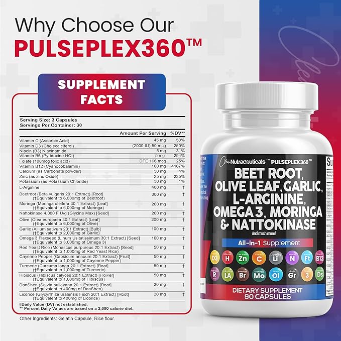 Beet Root Capsules 6000mg Olive Leaf 6000mg Nattokinase 4000 FU 2000mg L-Arginine 400mg Omega 3 Red 90 Ct