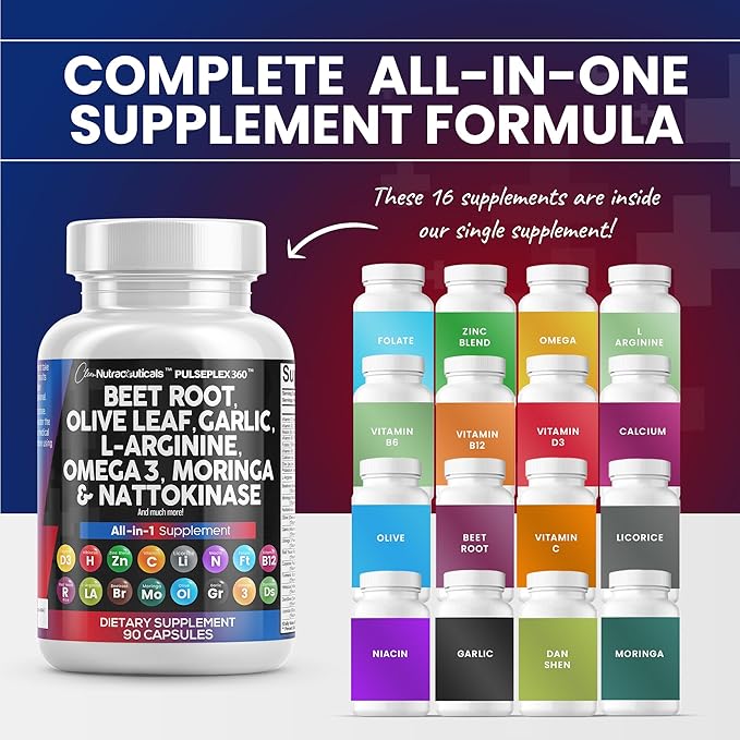 Beet Root Capsules 6000mg Olive Leaf 6000mg Nattokinase 4000 FU 2000mg L-Arginine 400mg Omega 3 Red 90 Ct