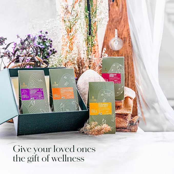 Luxmi Estates - Tea Set - All Day Wellness - 4 Packs with Valerian, Ashwagandha, Turmeric Ginger and Hibiscus Rose Tea - Great Gift Set for Adults