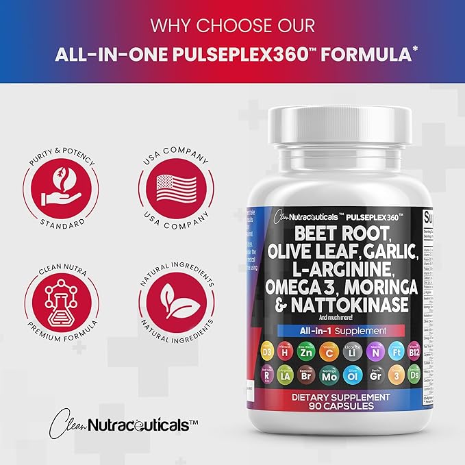 Beet Root Capsules 6000mg Olive Leaf 6000mg Nattokinase 4000 FU 2000mg L-Arginine 400mg Omega 3 Red 90 Ct