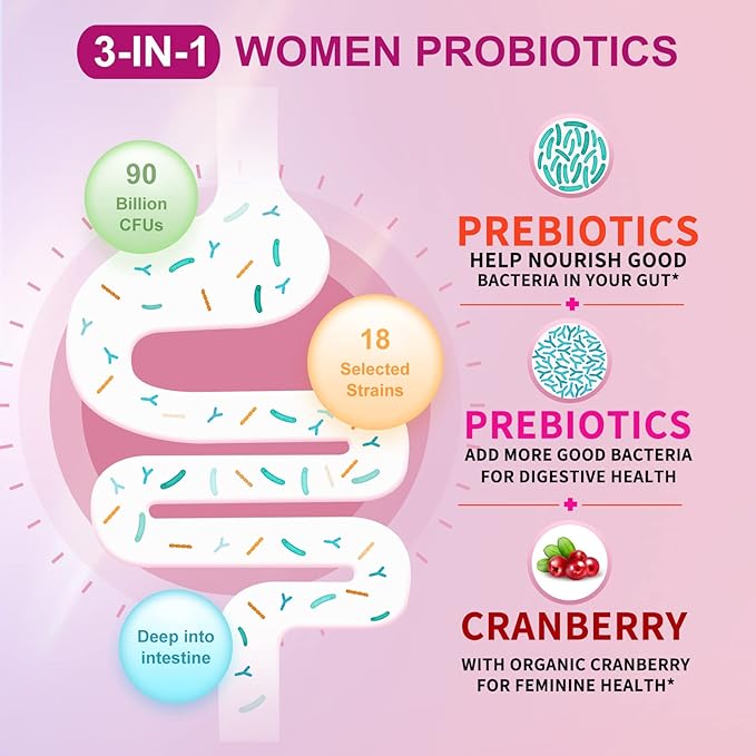 Women's Probiotic,with Cranberry Extract and Organic Prebiotics,90 Billion CFUs,18 Strains,Help 90 Tablets