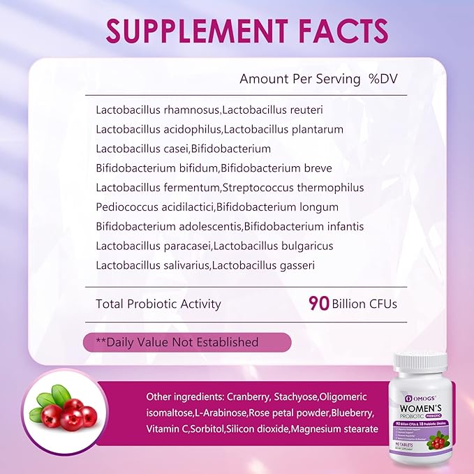 Women's Probiotic,with Cranberry Extract and Organic Prebiotics,90 Billion CFUs,18 Strains,Help 90 Tablets