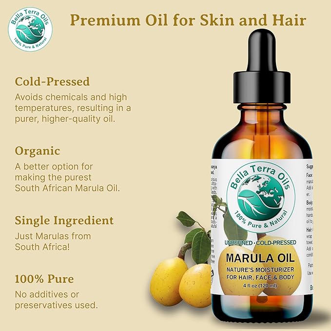 Bella Terra Oils - Marula Oil for Skin 4 oz - Dive into the Nutritional Excellence, Abundant in Vitamin C & Antioxidants, Perfect Companion for Your Face