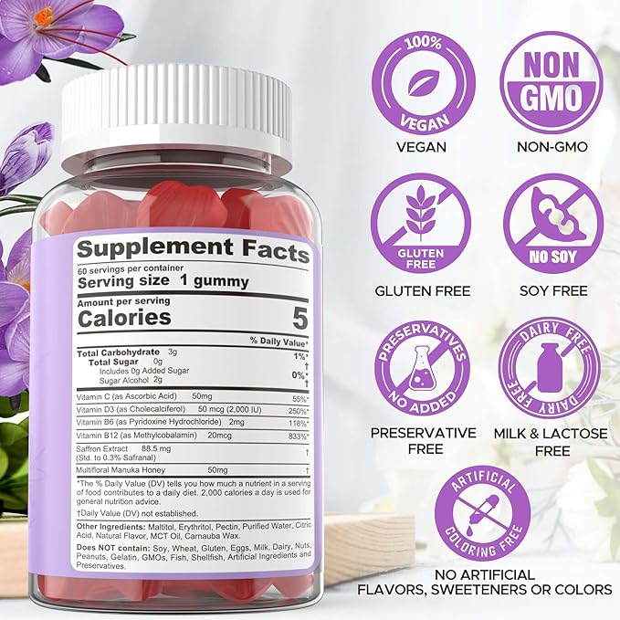 Saffron Gummies - Saffron Supplement Gummies 100% Pure B6, B12, B12, D3, D3, C 60Cts